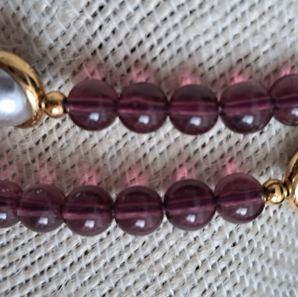 36" Clear Dark Purple Beaded Necklace With Gray Faux Pearl and Goldtone Accents - Picture 3 of 4